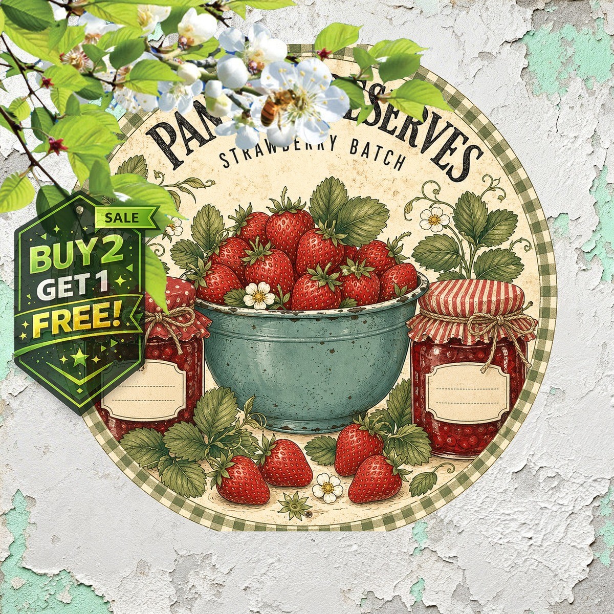 Rustic Strawberry Jam Tin Metal Sign Farmhouse Kitchen Pantry Wall Art