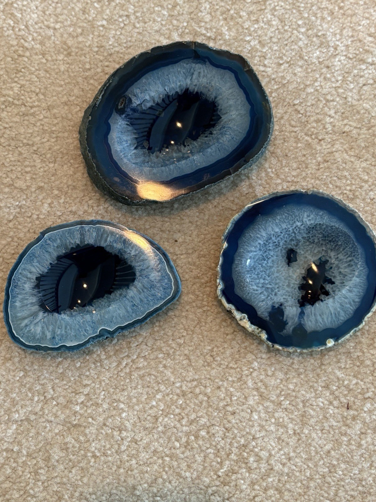 Stunning Set Of 3 Blue Agate Geode Crystal Dishes-Polished Druzy Agate Bowls
