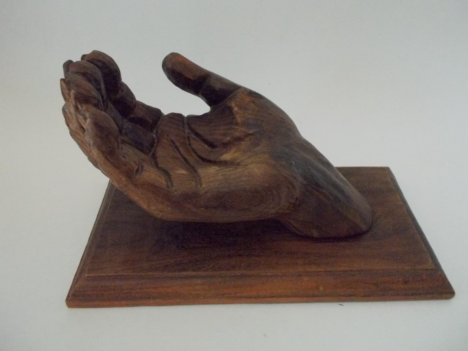 VTG Wood Open Palm Hand Sculpture on Rectangular Base Decor