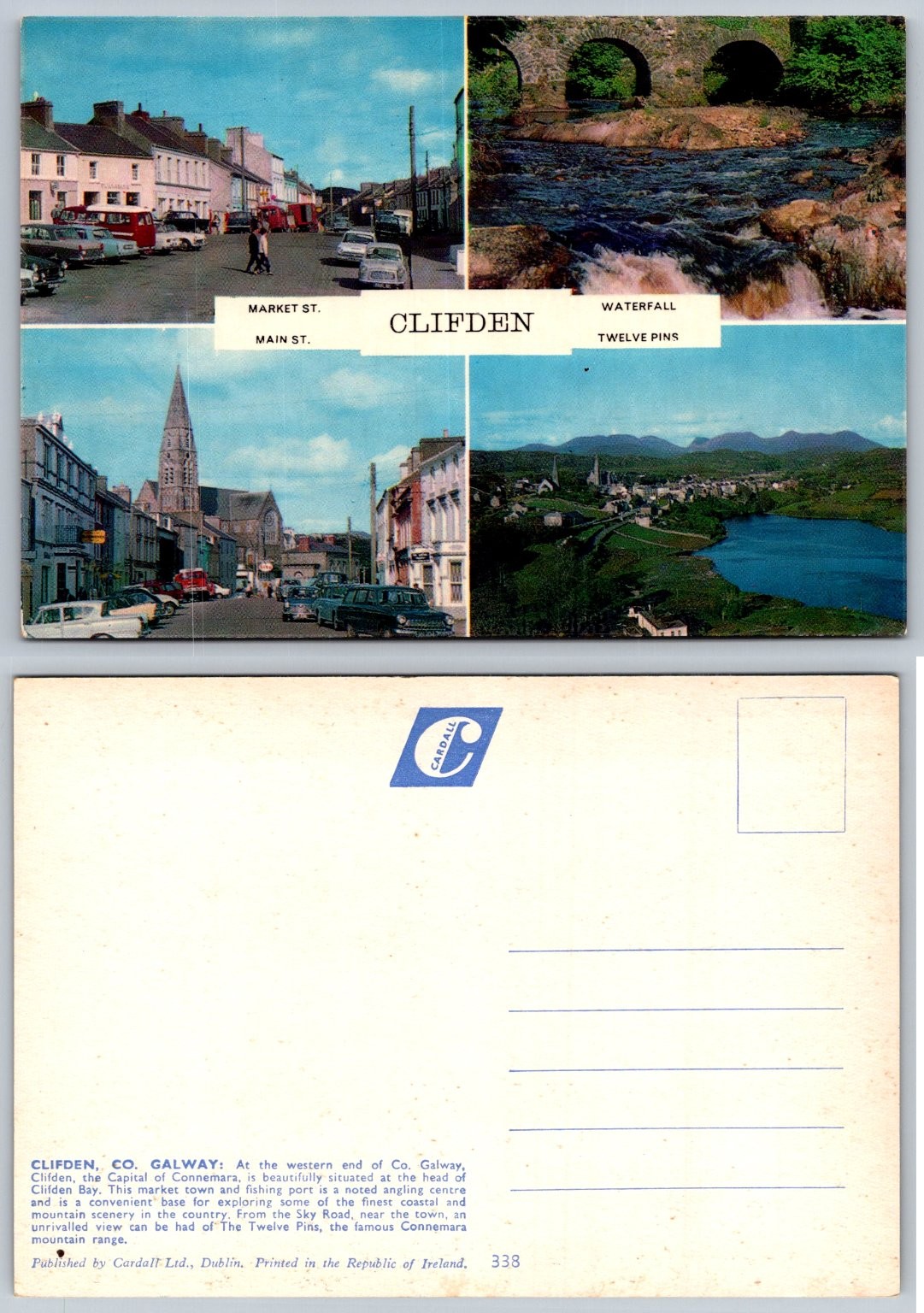 Vintage Clifden, Co. Galway, Ireland Postcard - Market, Main St, Waterfall