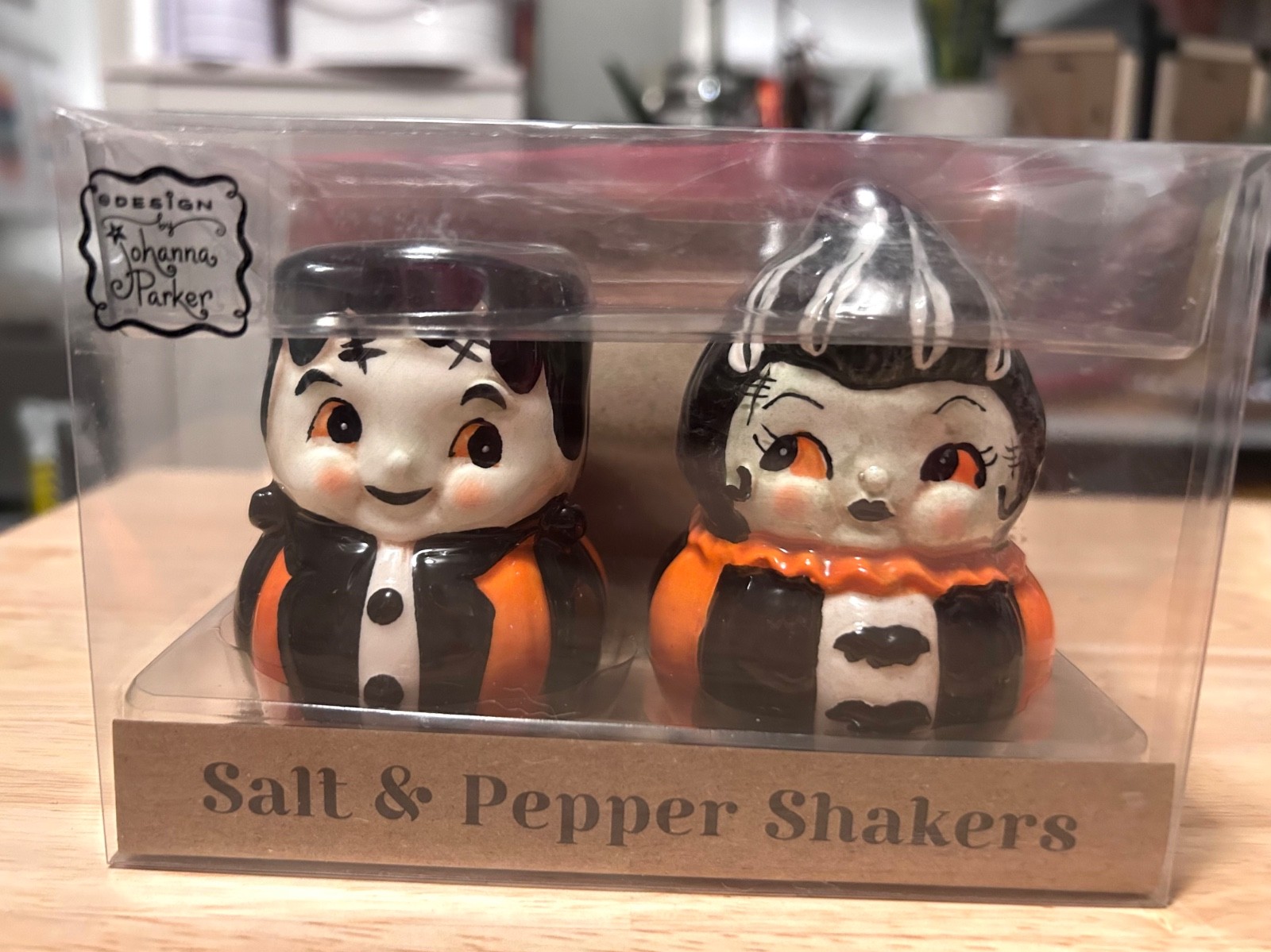 Johanna Parker halloween Mr and Mrs Frankenstein salt & pepper shakers NIB