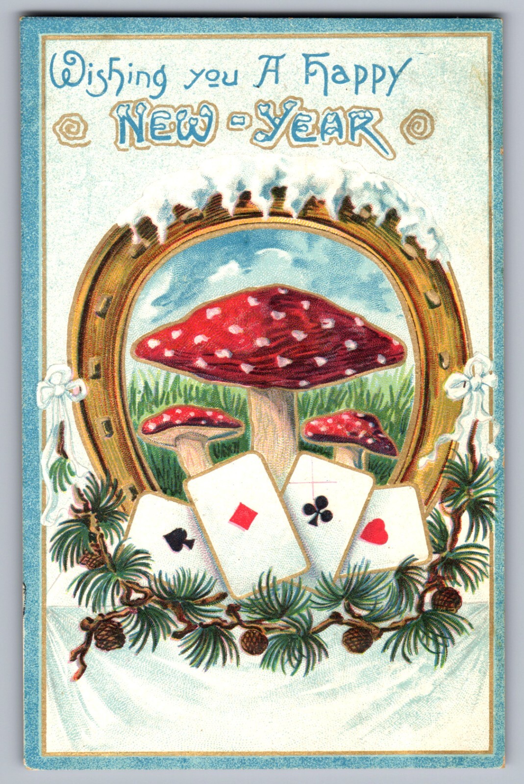 C.1910 HAPPY NEW YEAR MUSHROOMS, PLAYING CARDS, SNOW, GOOD LUCK Postcard P51