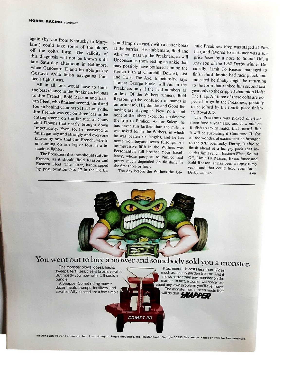 1971 Snapper Comet 30 Riding Mower Monster Original Vintage Magazine Print Ad