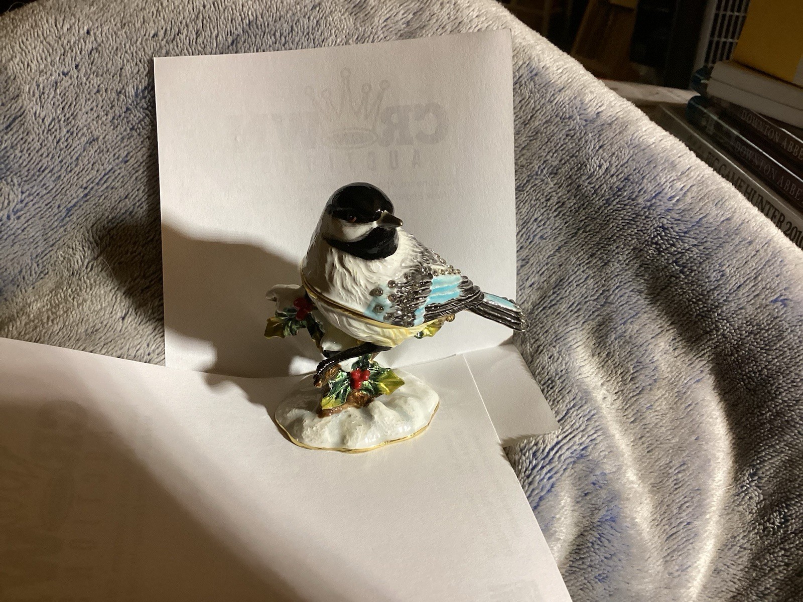 Bejeweled Enameled Pewter Chickadee Bird Trinket Box With Crystals 3