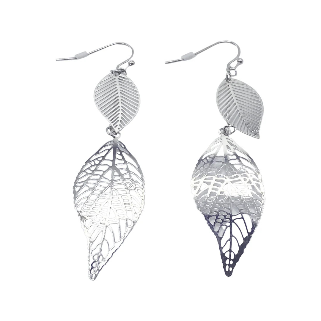 Long Double Leaf Silver Drop Earrings
