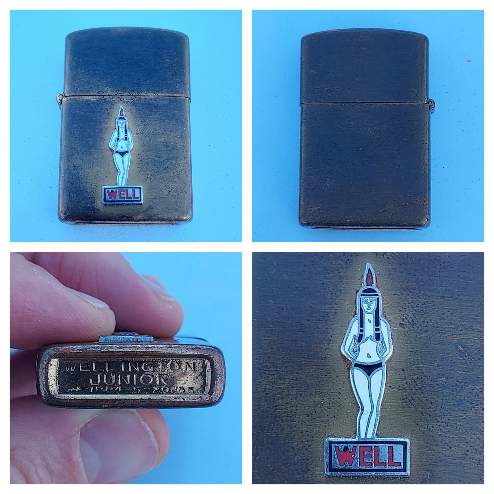 Vtg 1955 Wellington Junior Brass Lighter Pinup Indian Maiden Well 1934-5-20-55