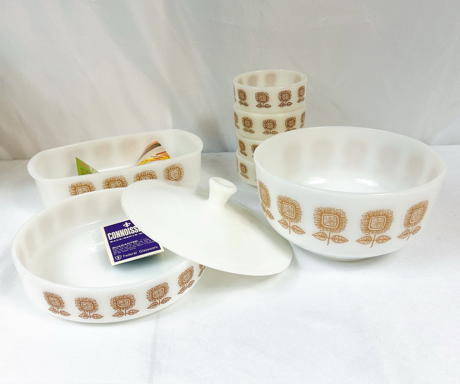 Vintage Federal Glass Sunflower Complete 8 pc Boxed Set - New in Box NIB NOS