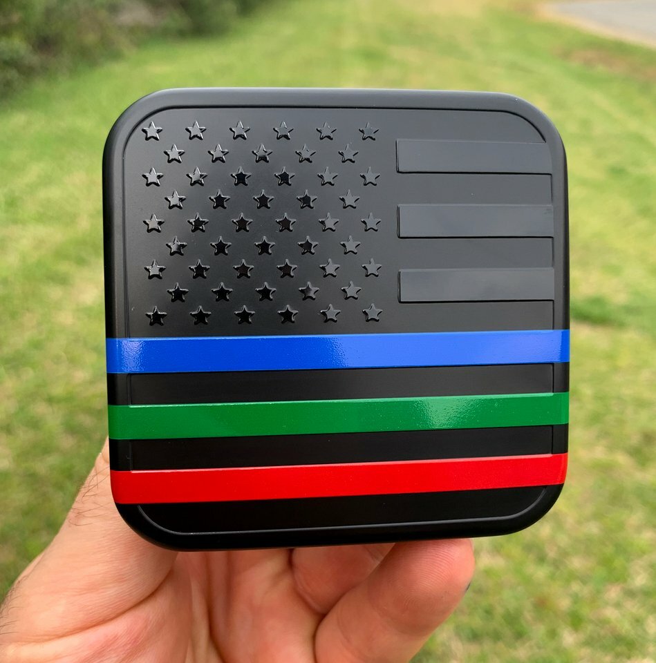 USA Black Flag Hitch Cover Plug with Blue, Green and Red lines Fits 2\
