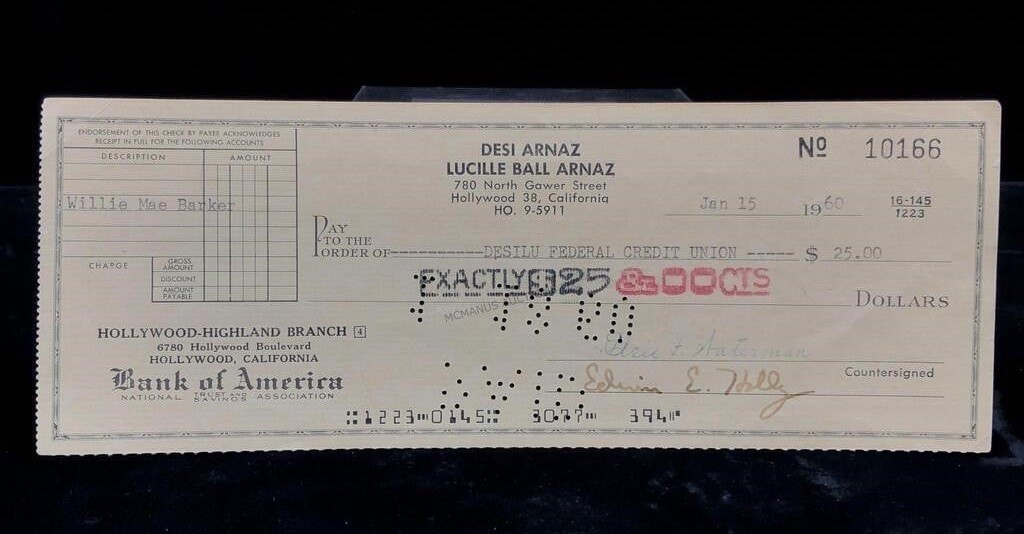 Desi Arnez & Lucille Ball Canceled Check Signed  Edwin E Holly & Elsie Waterman