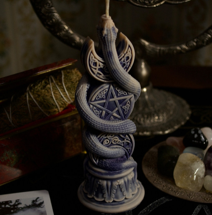 Serpent Pentagram Triple Moon Candle, Witchy Altar Decor Occult Wicca Snake Gift