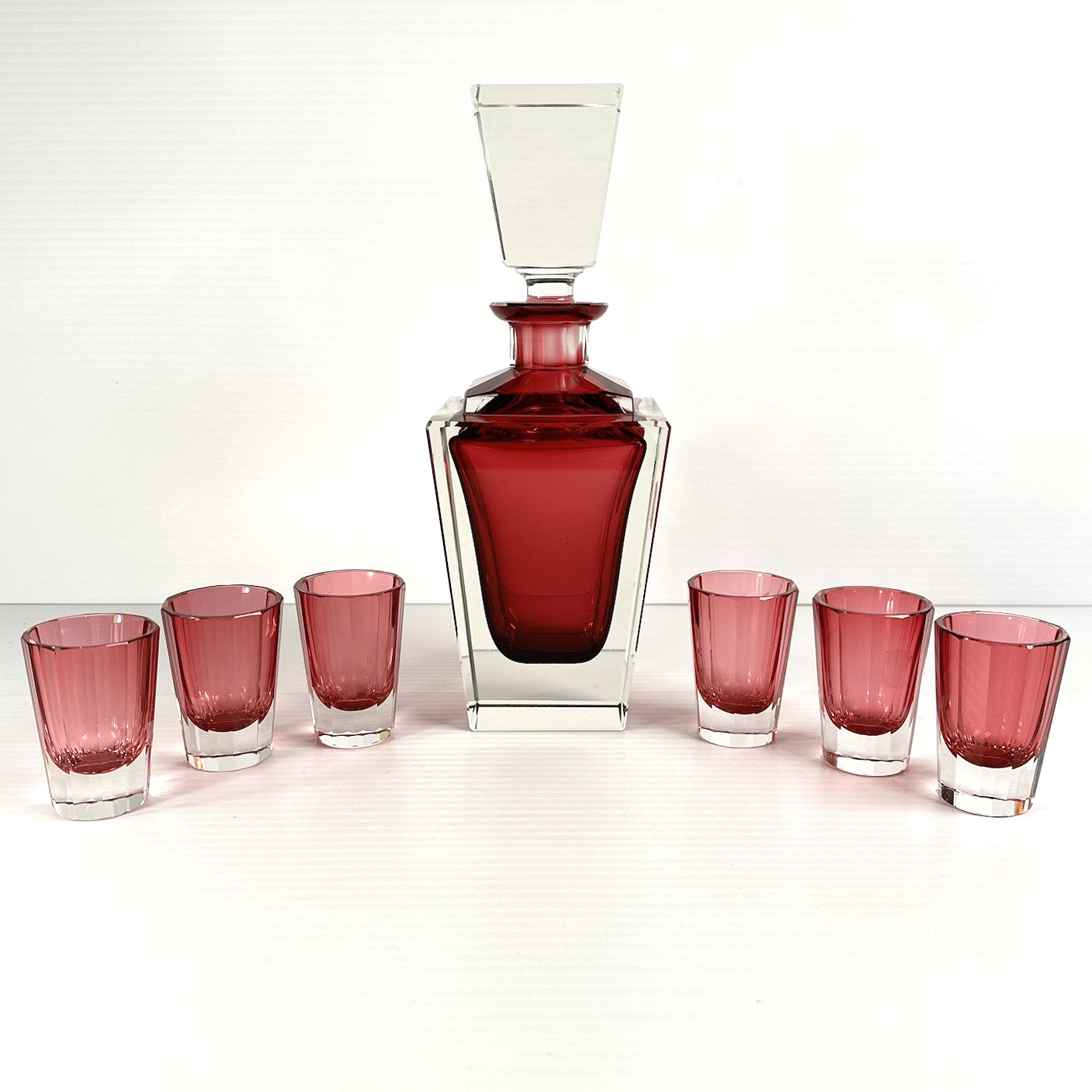 Vtg E&R Golden Crown Hand Cut Lead Crystal Pink Sommerso Decanter + Shot Glasses