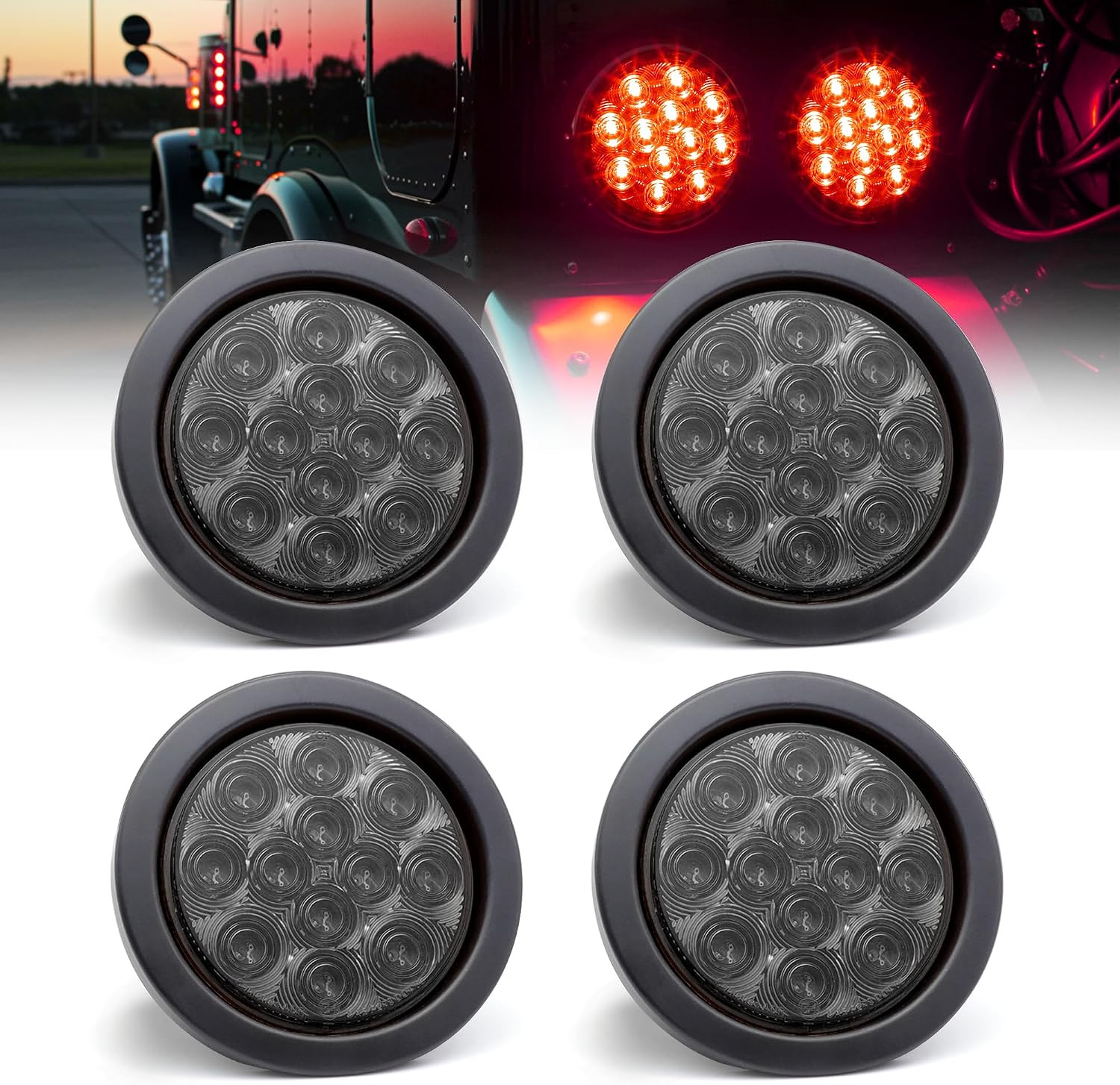 4 Pack 4 Inch Smoked Red LED Brake Stop Tail Lights 12V 3 Wire Rubber Grommet 4 Pack 4 Inch Smoked Red LED Brake Stop Tail Lights 12V 3 Wire Rubber Grommet