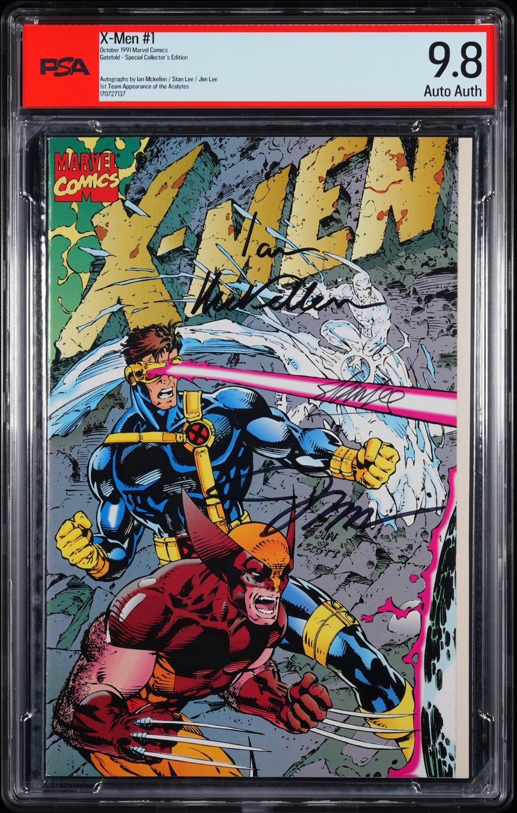X-MEN # 1 (1991) GATEFOLD CVR SIGNED STAN LEE, JIM LEE , IAN MCKELLEN PSA 9.8