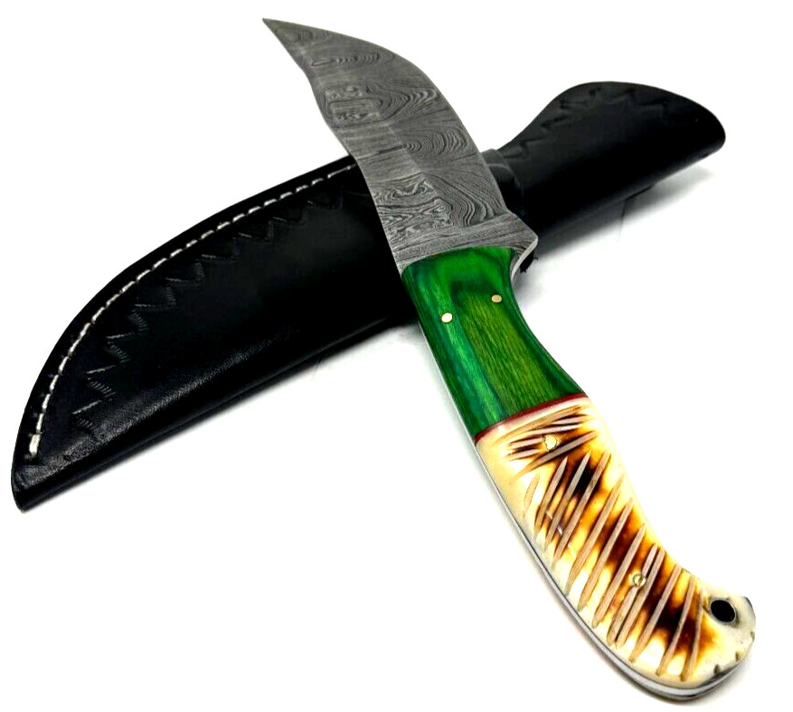 Hand Forged Damascus Steel Green Wood Marble Handle Luxury Fighter Knife 11 In Hand Forged Damascus Steel Green Wood Marble Handle Luxury Fighter Knife 11 In