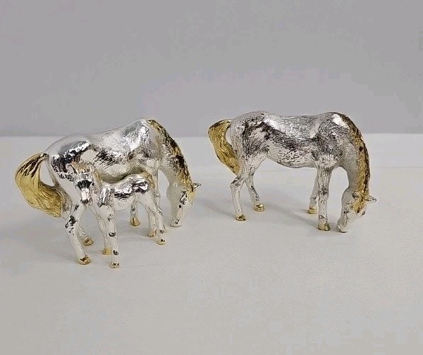 VTG PELTRO ITALY SOLID PEWTER Horse Family Set 3pc Stallion, Mare Attached Colt