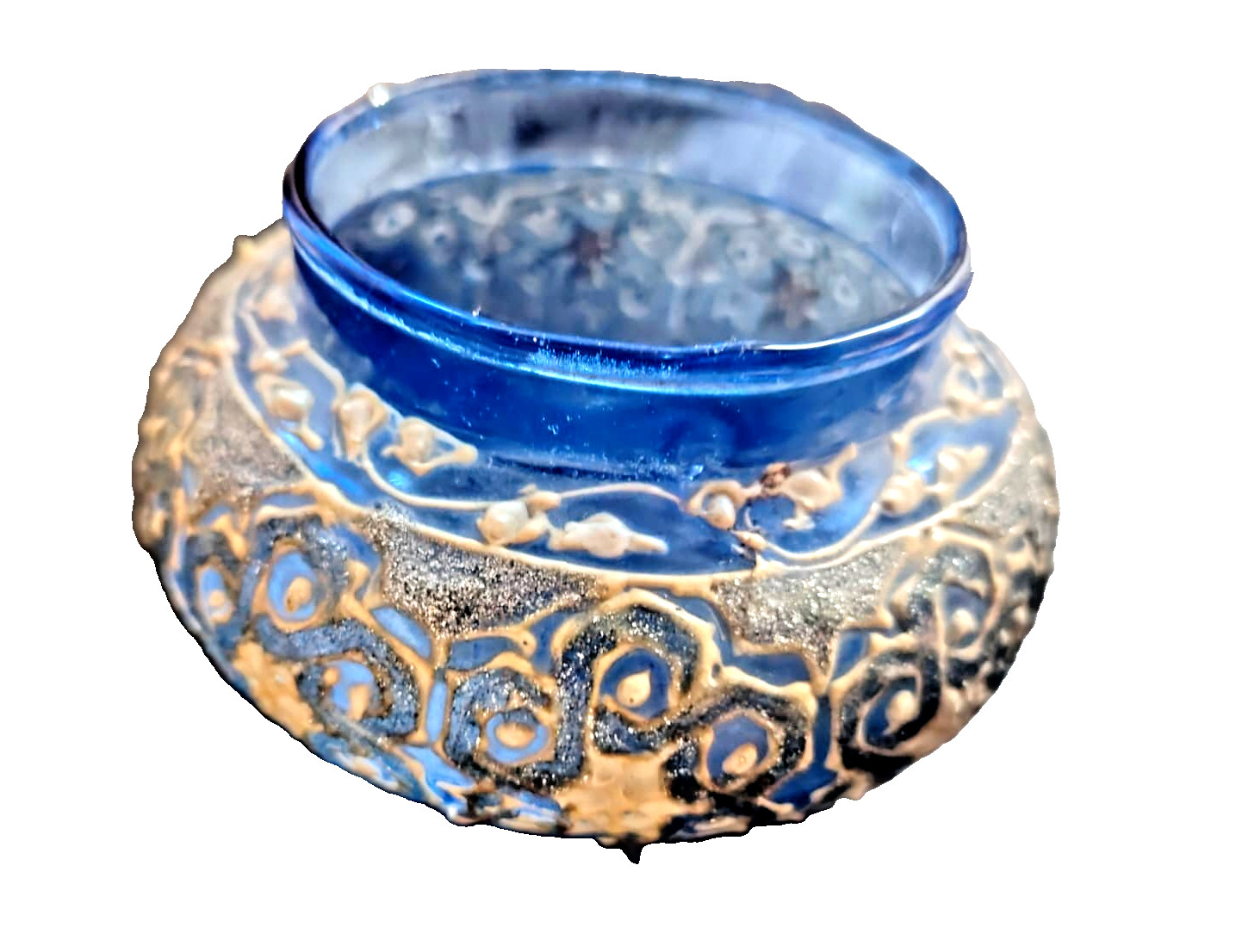 Ornate Bue Glass Round Vase /Pot Handpainted EnamelTextured Gold Trim 