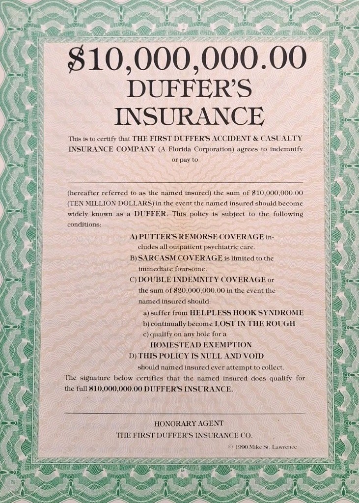 VTG MIKE ST. LAWRENCE DUFFERS INSURANCE POLICY Blank Novelty Lot Of 4 RARE