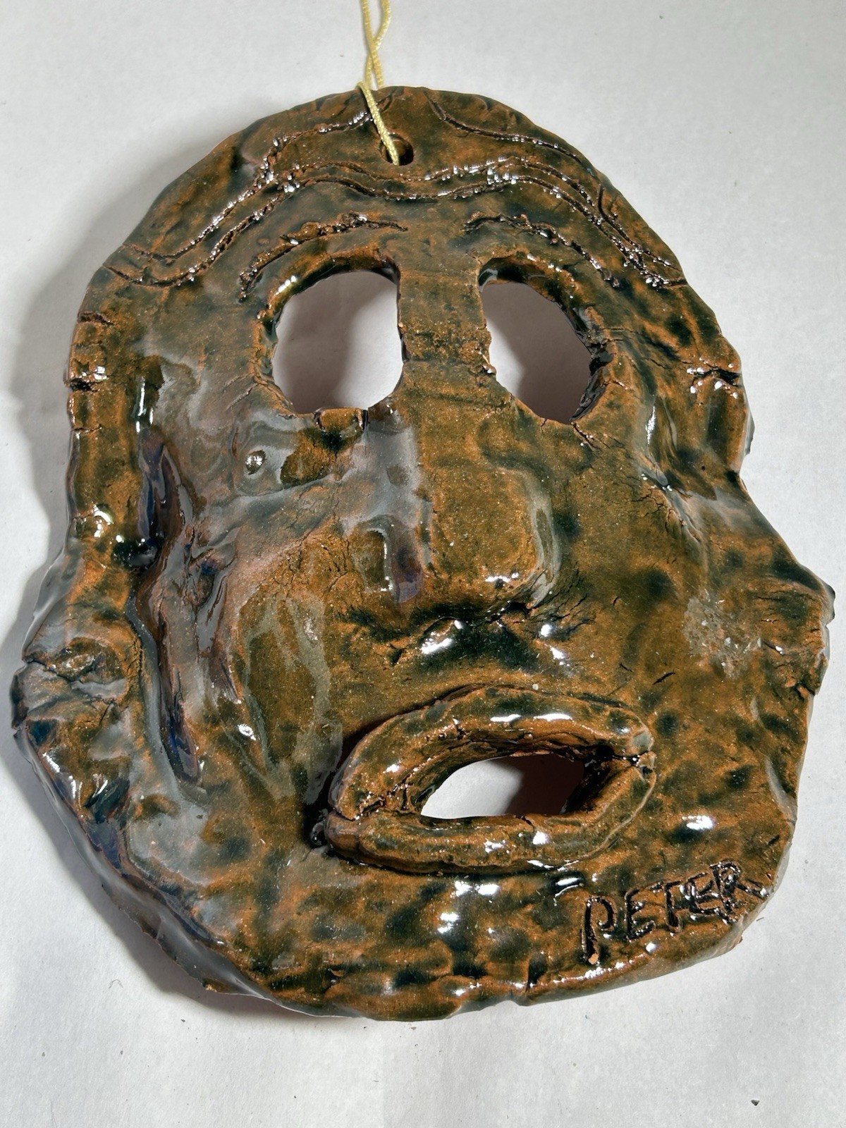 Vintage Clay Face Folk Art Ornament Hang Signed  Peter Artist Decor Collectible