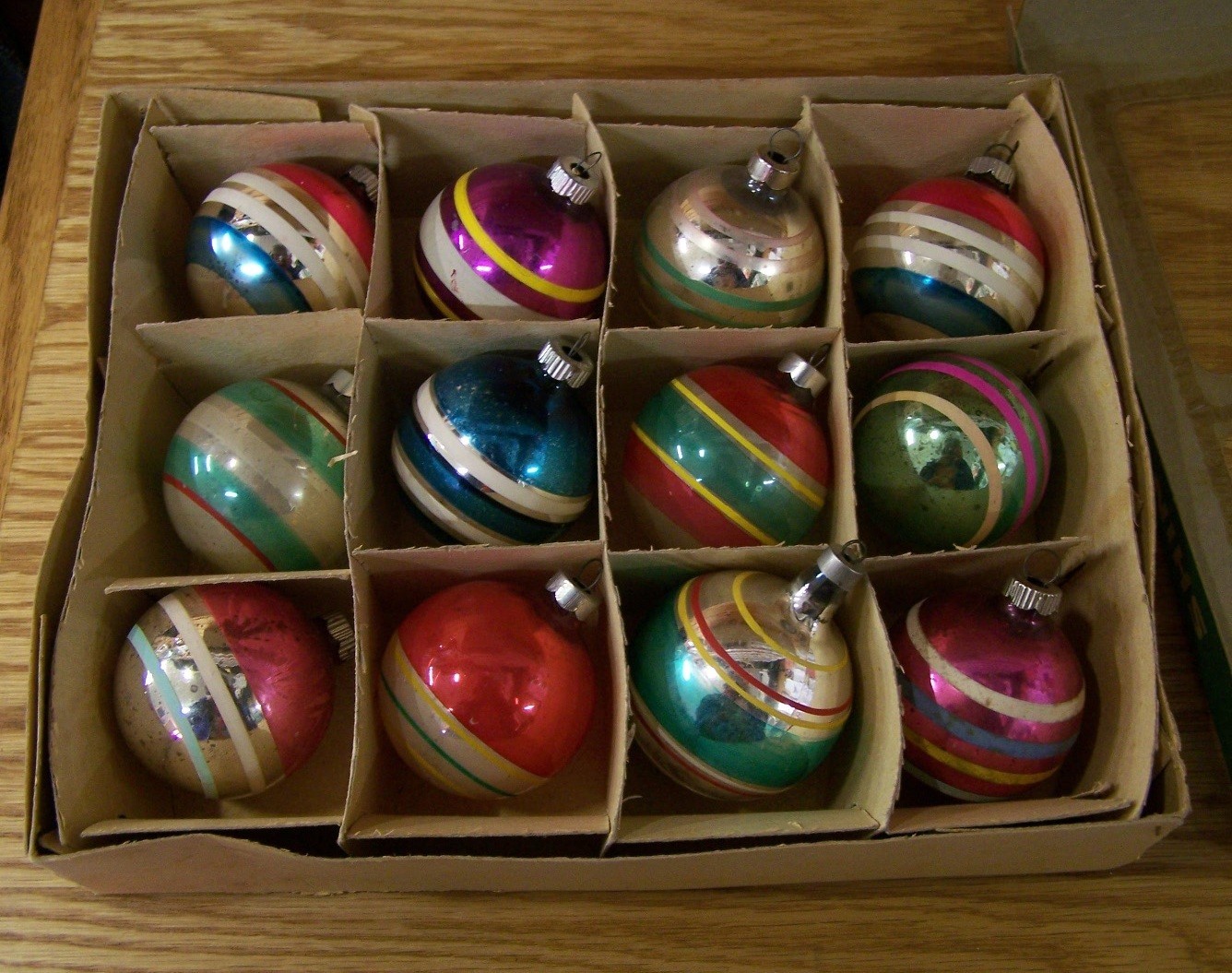 Mixed Box 12 Vintage Shiny Brite MCM Glass Christmas Ornaments Stripe Pastel USA