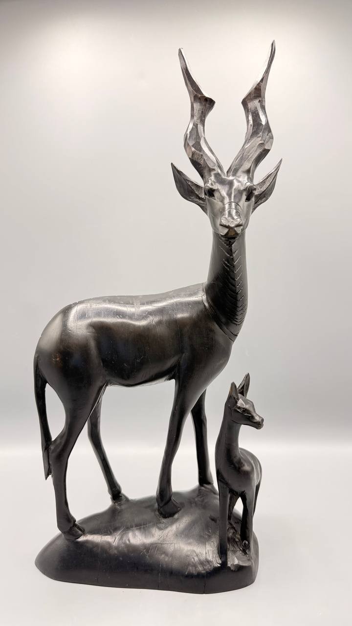 Vintage Hand Carved African Greater Kudu Antelope Wood Sculpture Pair Vintage Hand Carved African Greater Kudu Antelope Wood Sculpture Pair