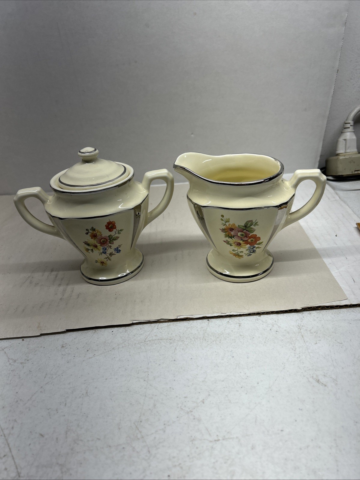 Creamer and Sugar Bowl Art Deco Flowers Silver Trim Set ~ Excellent