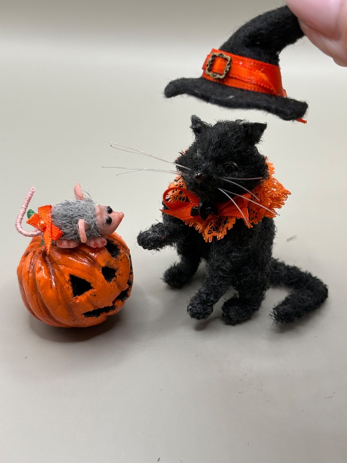 Miniature Black Cat  2” in Halloween costume with mouse Crocheted Handmade OOAK