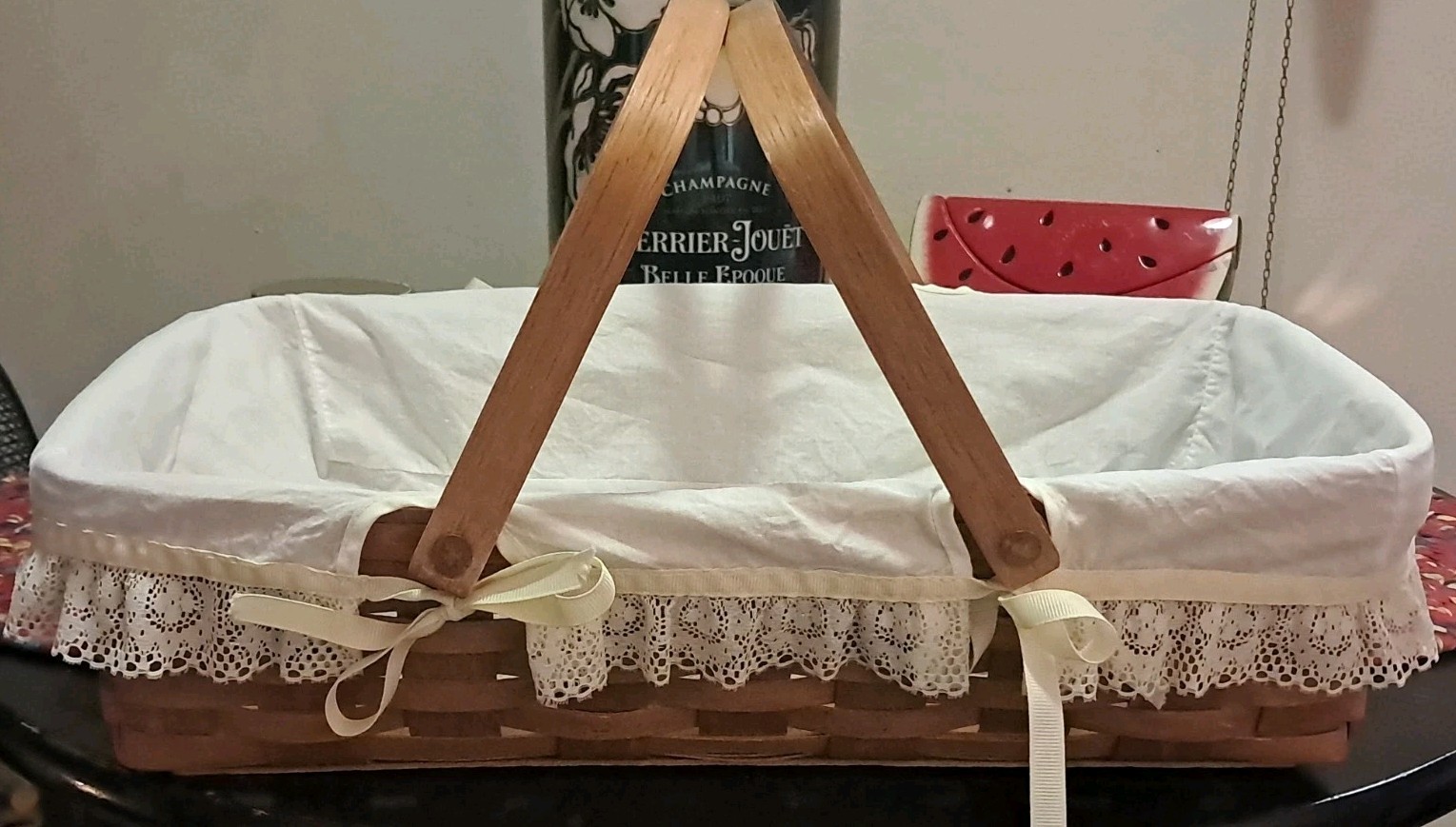 VTG Longaberger Gathering Basket 1987 Ivory Lace Liner 18 X 11 X 5 Double Handle