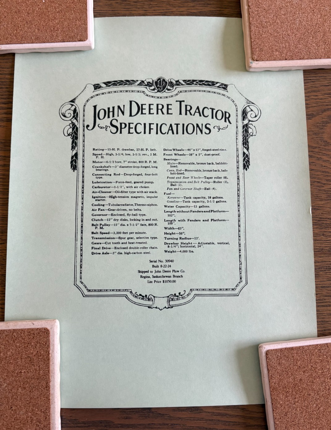 Vintage Original 1924 John Deere Tractor Specifications Sheet for Model D Rolled