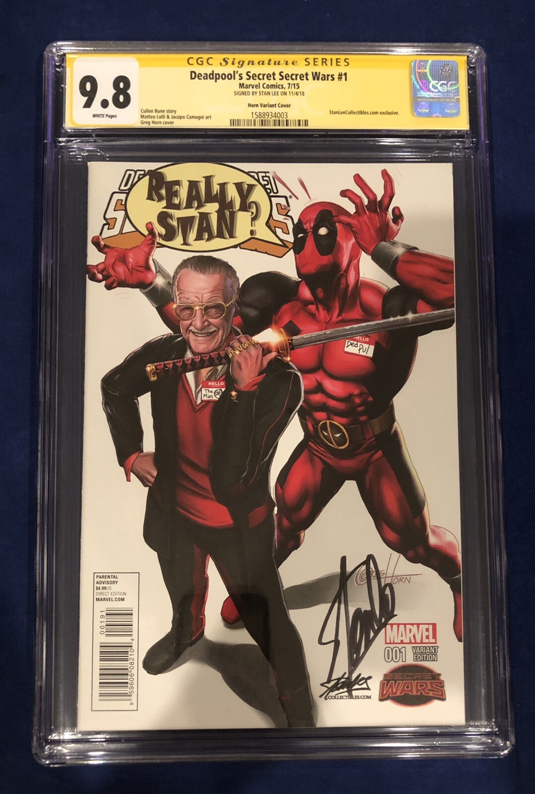 Deadpool\'s Secret Secret Wars 1 Horn Variant CGC 9.8 Signed- Stan Lee on 11/4/18