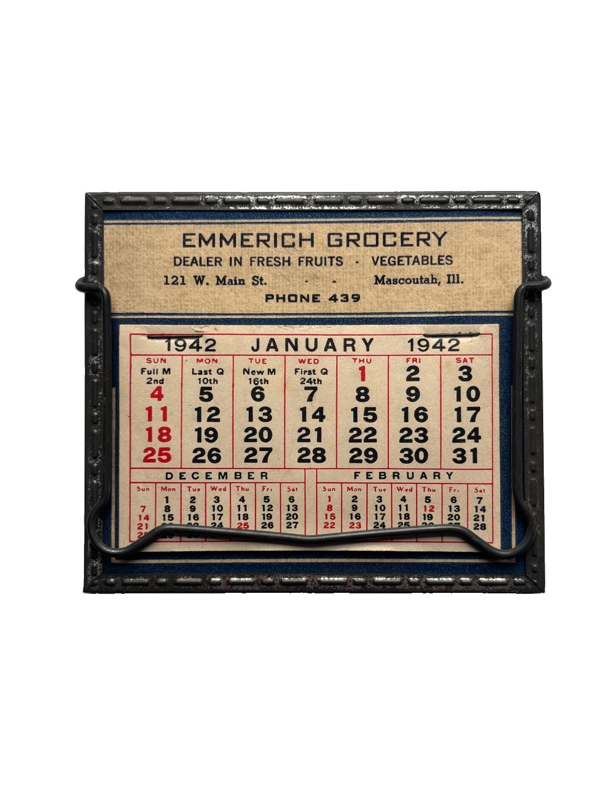 Vintage 1942 Emmerich Grocery Advertising Calendar Mirror Stand Mascoutah IL