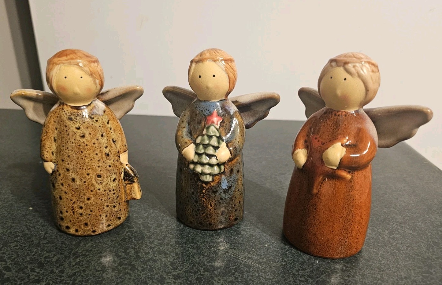 Three Vintage Ceramic Angel Figurines: Glazed Christmas Decorative Collectibles
