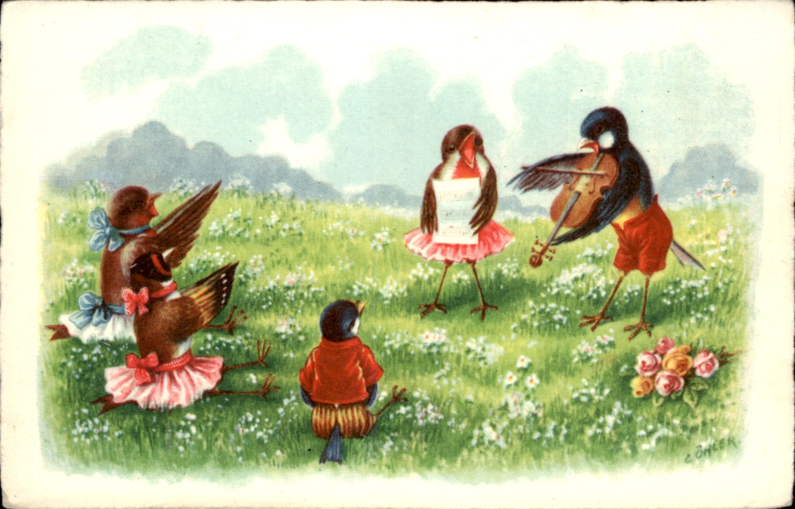 Birds in a meadow orchestra Anthropomorphic c1910s Vintage Postcard Birds in a meadow orchestra Anthropomorphic c1910s Vintage Postcard