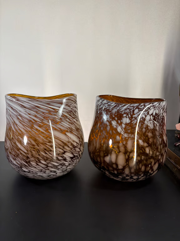 Hand Blown Art Glass Vases Pair Amber White Spatter Saddle Rim Heavy 8 in