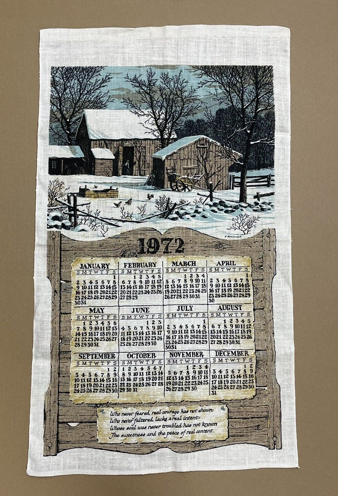 Vintage 1972 Linen Calendar Tea Towel Barn Winter Snow Farm Richard Batchelder Vintage 1972 Linen Calendar Tea Towel Barn Winter Snow Farm Richard Batchelder