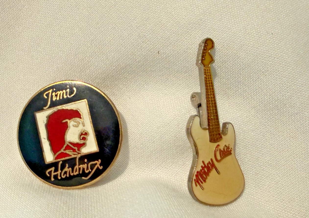 Vintage 70s 80s Rock Enamel Pin Lot - Mötley Crüe Guitar & Jimi Hendrix