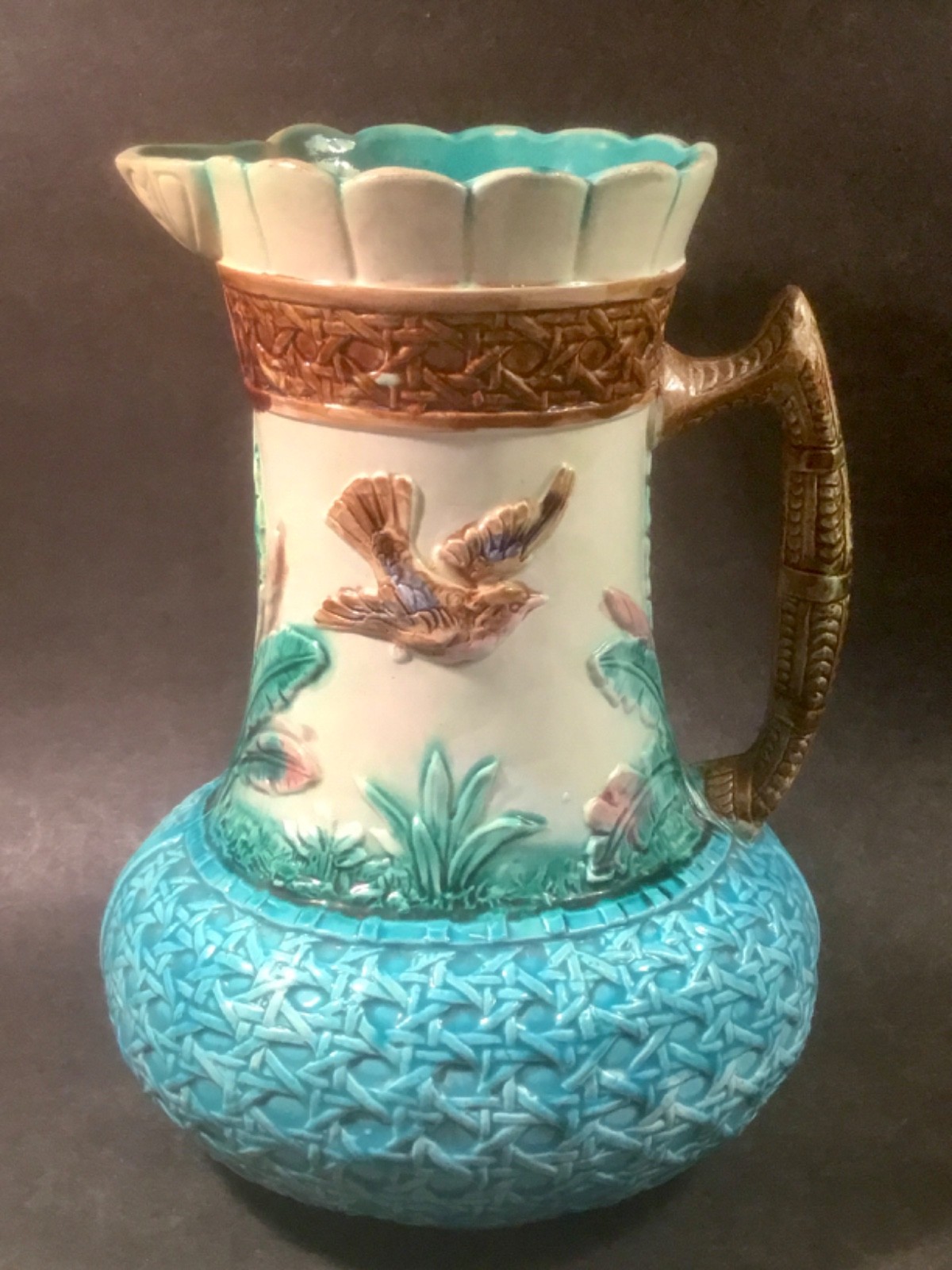 Antique Majolica Eureka Bird in Flight w Basketweave Pitcher c.1880\'s Antique Majolica Eureka Bird in Flight w Basketweave Pitcher c.1880\'s