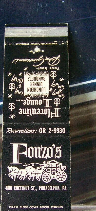 Vintage Matchbook Cover H6 Philadelphia Pennsyvania Fonzo's Florentine Lounge
