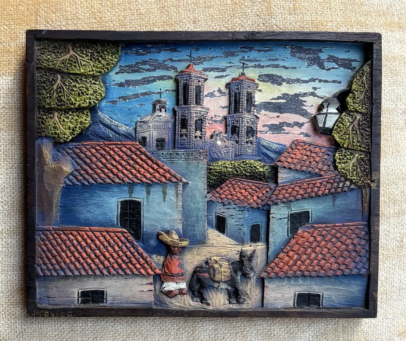 Vintage Collectible Mexican Folk Art Wood Bas Relief Man, Donkey, City Landscape Vintage Collectible Mexican Folk Art Wood Bas Relief Man, Donkey, City Landscape