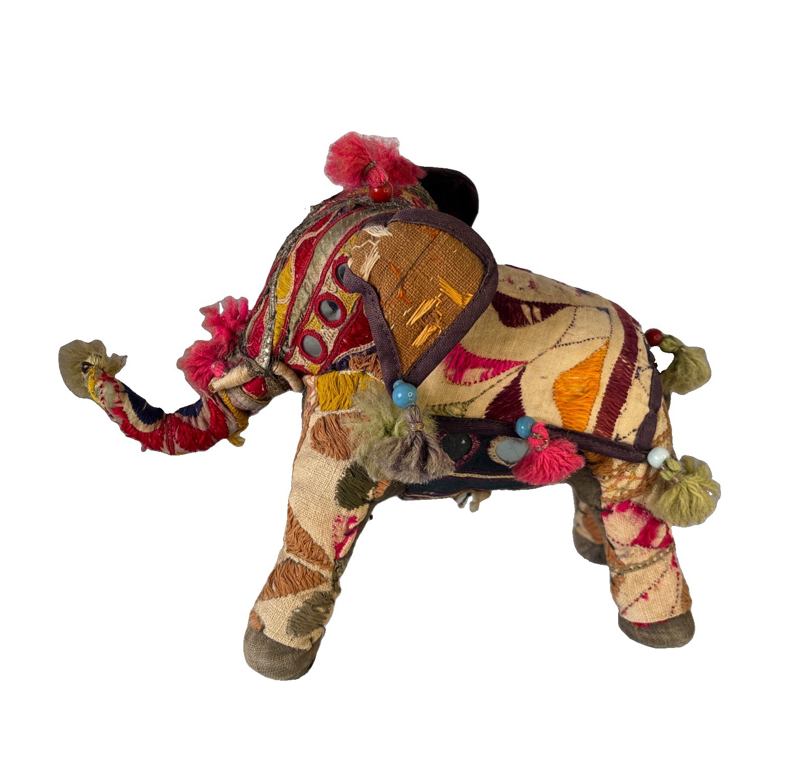 Vintage India Patchwork Handmade Elephant 1960s Rajasthan Cotton Beads 8.5”