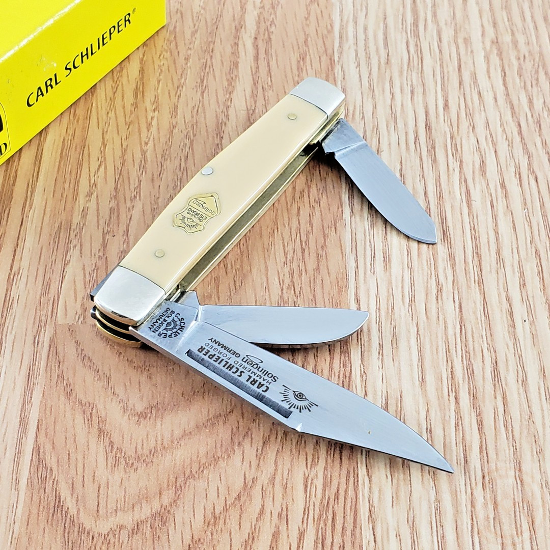 German Eye Stockman Pocket Knife Stainless Steel Blades Yellow Synthetic Handle
