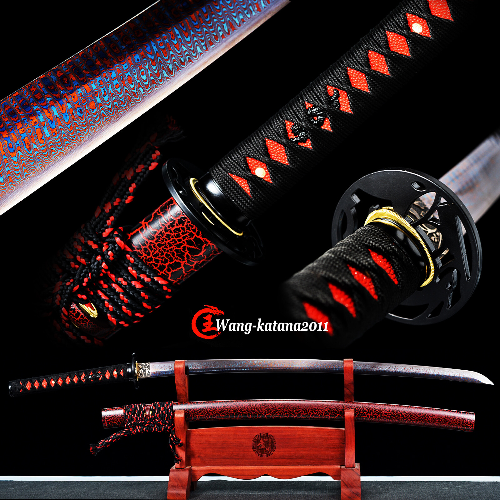 Unique Red & Blue Japanese Samurai Sharp Katana Sword Damascus Folded 1095 Steel