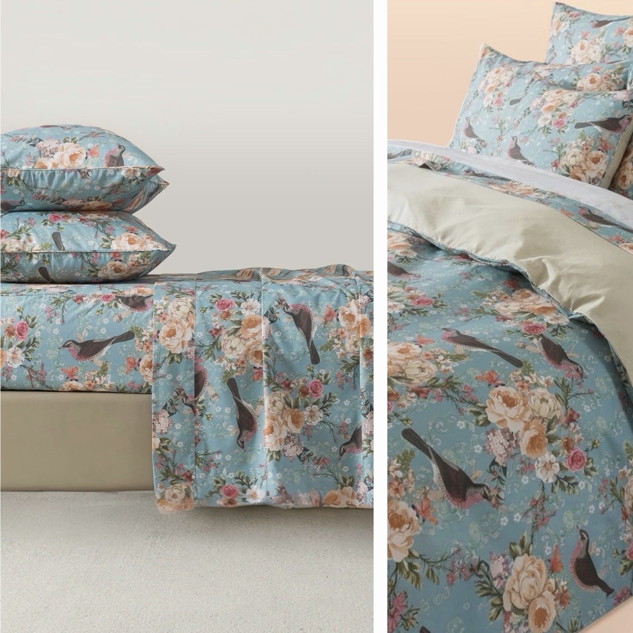 NEW Anthropologie Blue Floral Botanical Bird 100% Cotton Matching 4 PC Sheet Set