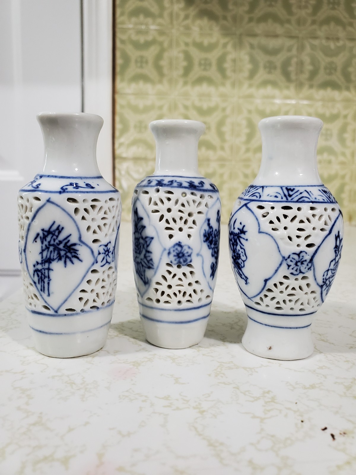 Vintage Wuxi (Wusih) China Reticulated Lace Petite Vases Set of 3 Blue Floral