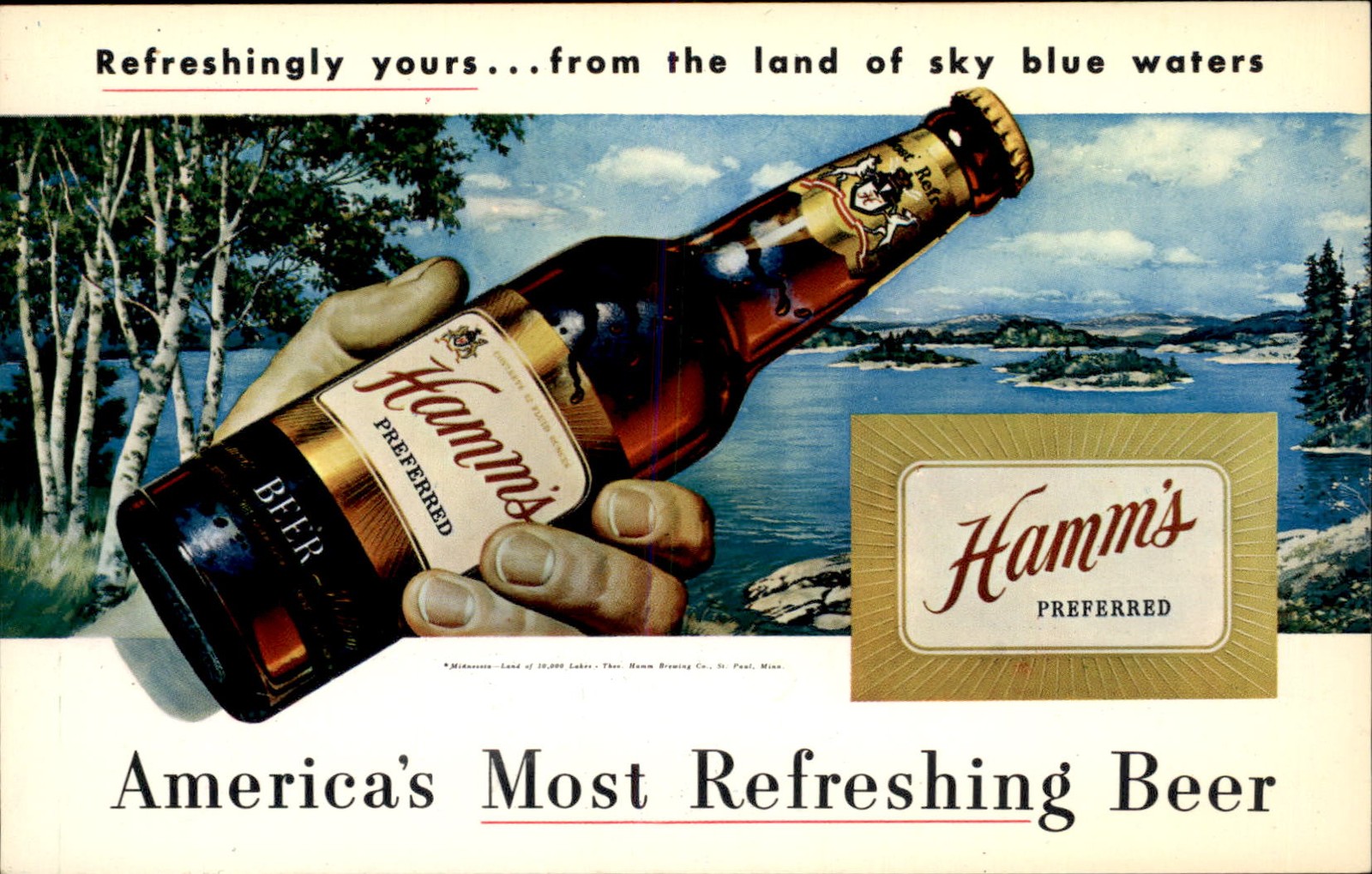 St. Paul MN Hamm\'s Beer Bottle in Hand c1950s-60s Vintage Postcard bhn