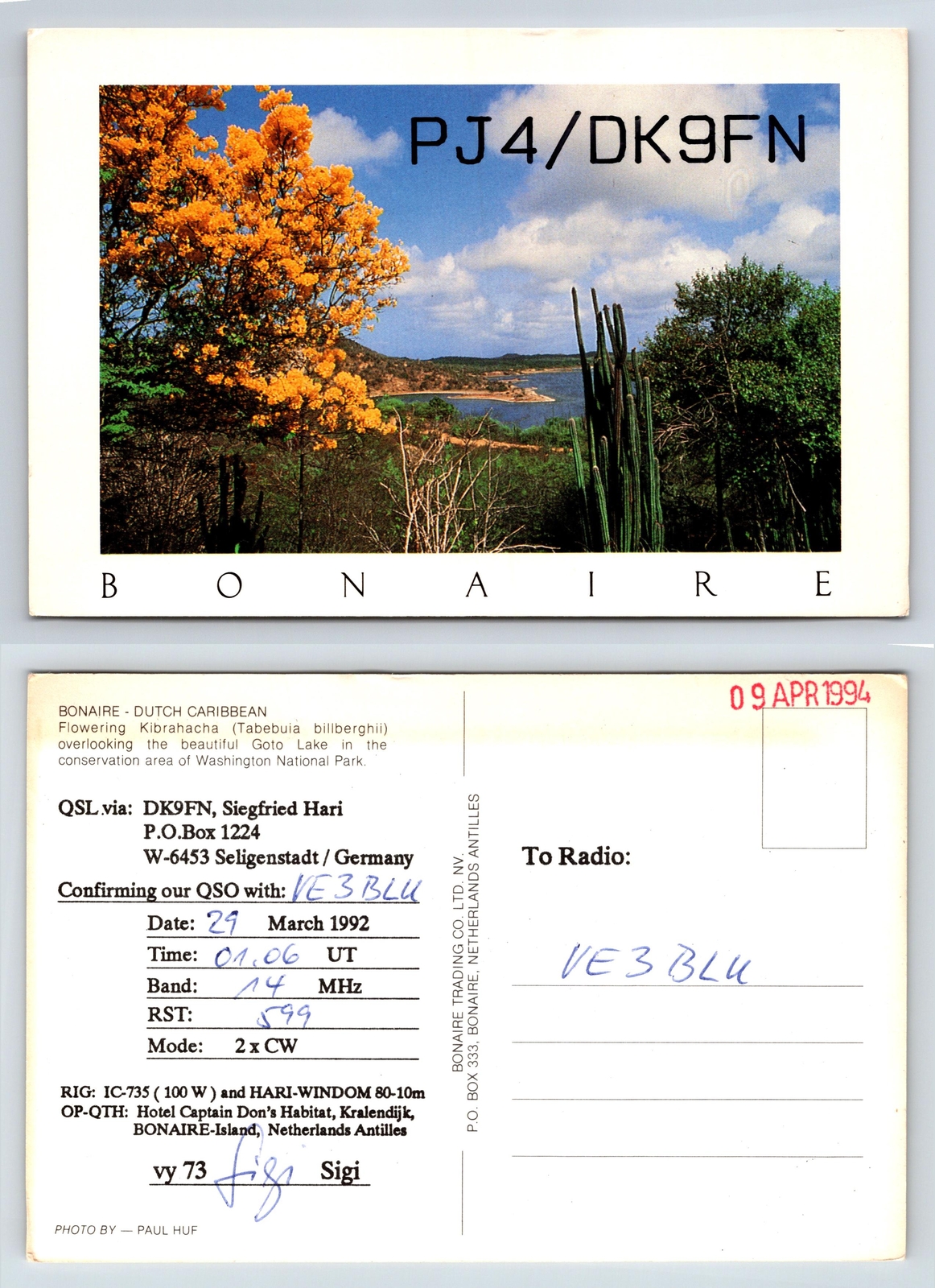 Ham Radio QSL QSO Postcard PJ4/DK9FN, Bonaire, Netherlands Antilles