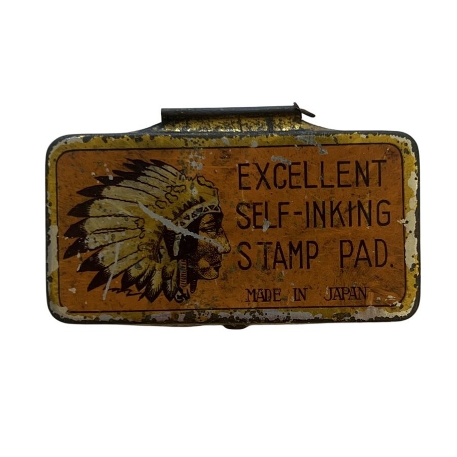 Vintage Excellent Self-Inking Stamp Pad Tin Litho Indian Chief Graphic Japan