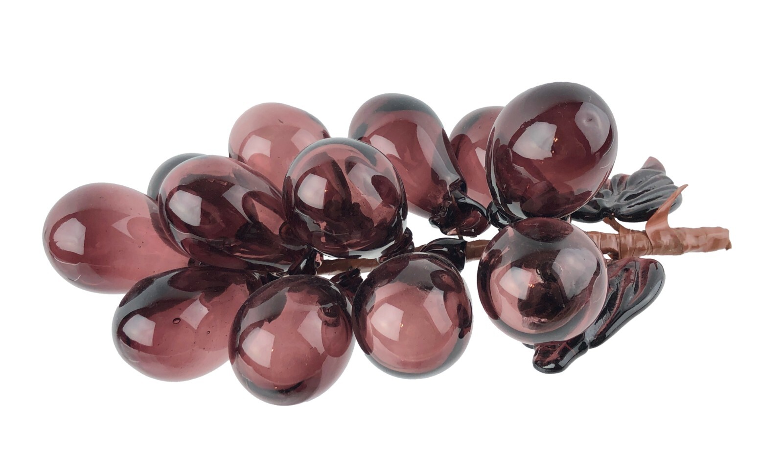 Midcentury Hand Blown Purple Amethyst Art Glass Bunch Grapes Leaves & Stem