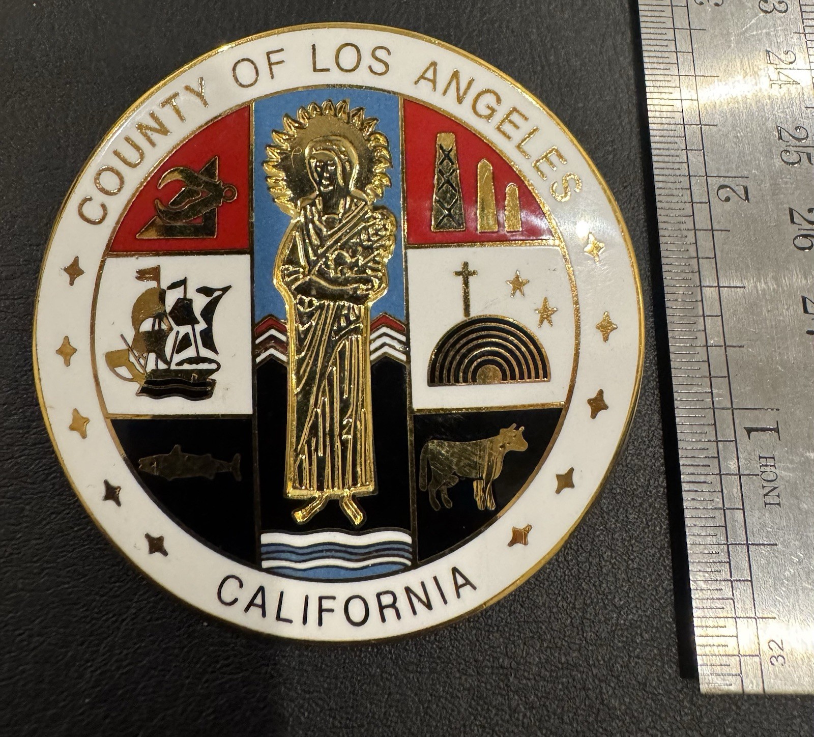 Vintage, Obsolete, Los Angeles County Seal, Enameled 2.5 Inch 