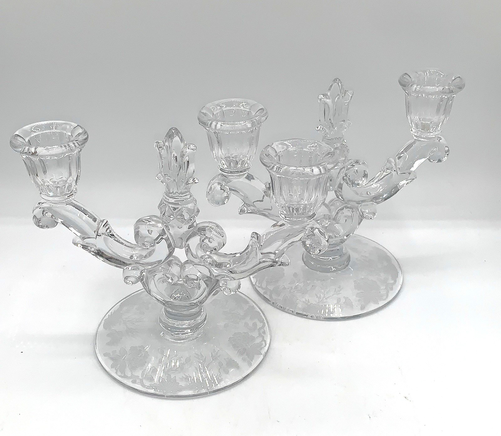 Pair Duncan & Miller Chantilly Etched Indian Tree Double Candlesticks Holders Pair Duncan & Miller Chantilly Etched Indian Tree Double Candlesticks Holders