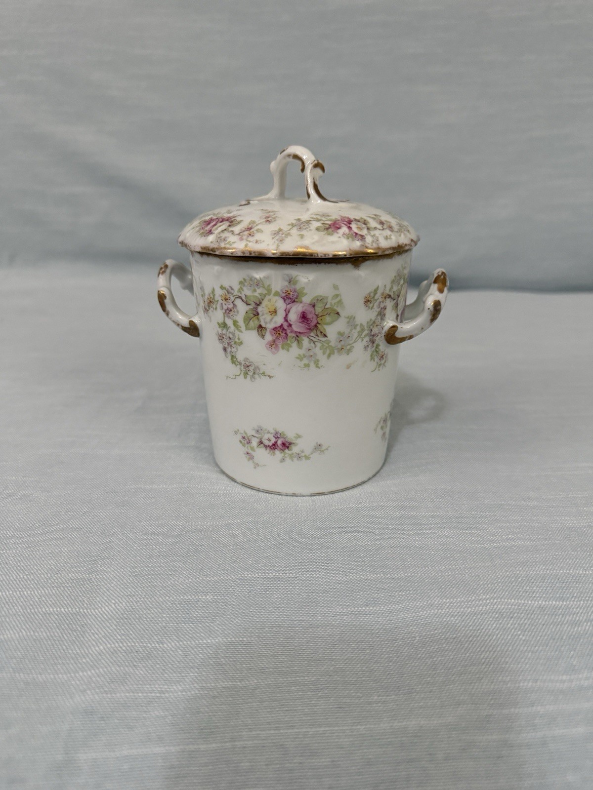 Antique Elite Works Limoges France Porcelain Hair Receiver Pink Roses Gold Trim